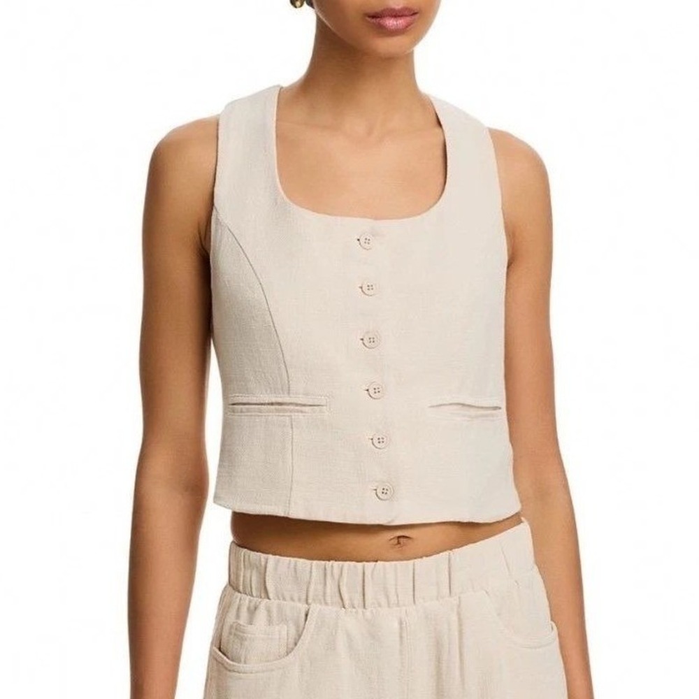 BlankNYC Vest Women M Beige Linen Blend Button Down Minimalist Coastal NWT